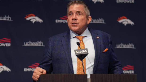 Broncos head coach Sean Payton speaks with the media while being introduced as the team's new head coach,